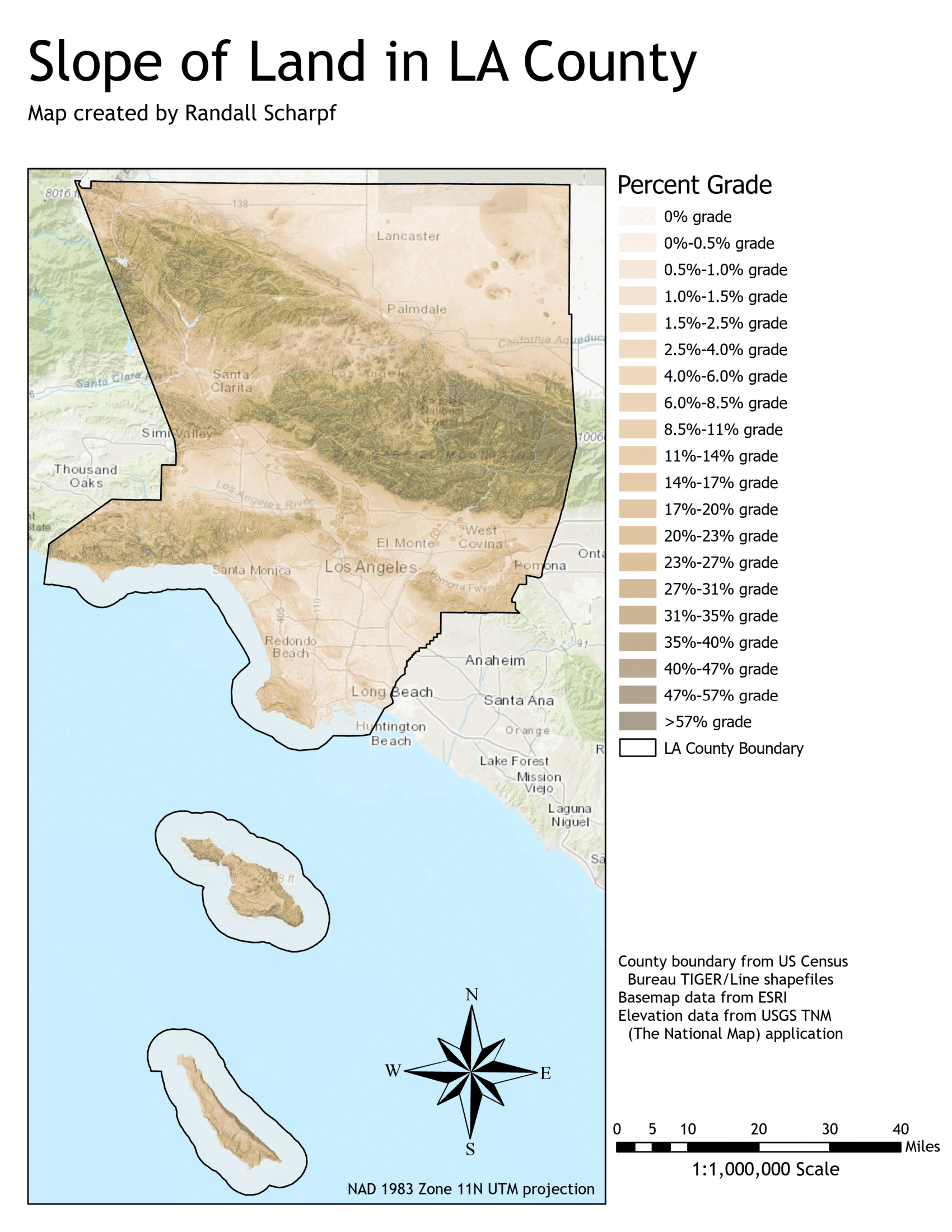 Map showing steepness of land in LA county